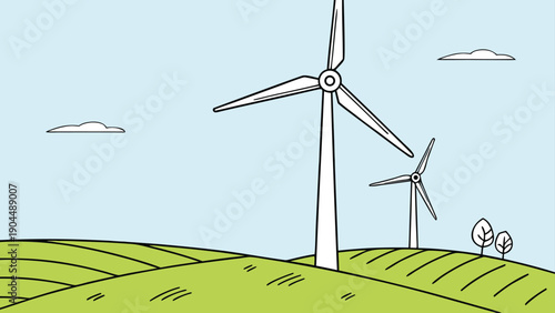 Wind turbines on green hills with a clear blue sky, symbolizing renewable energy and sustainability