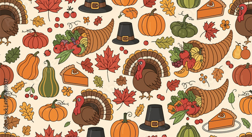 Detailed Thanksgiving holiday seamless pattern with outlined illustrations of cartoon turkeys, autumn squash, filled cornucopias, seasonal foliage, pumpkin pie slices, and pilgrim hats.