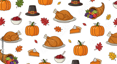 Detailed Thanksgiving holiday seamless pattern with outlined illustrations of cartoon turkeys, autumn squash, filled cornucopias, seasonal foliage, pumpkin pie slices, and pilgrim hats.