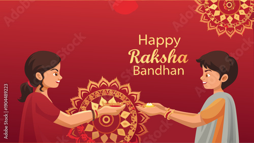 Brother and sister exchanging gifts on raksha bandhan with traditional indian decorations