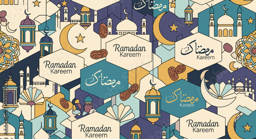 Intricate seamless Islamic geometric pattern for Ramadan Kareem, depicting traditional symbols: mosques, minarets, hanging fanoos lanterns, crescent moons, stars, and date fruit illustrations.