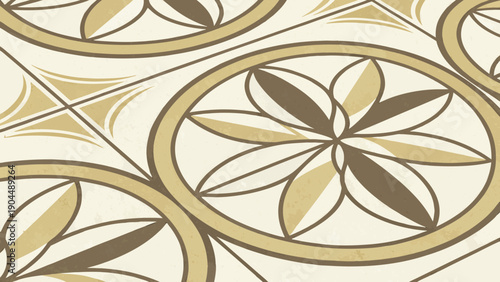 Elegant Floral Pattern with Golden Circles and Leaves on Cream Background