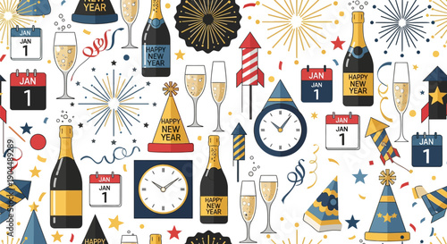 Seamless vector pattern of New Year's Eve celebration elements including champagne bottles, flutes, confetti, fireworks, party hats, and clocks on a white background.