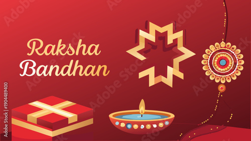 Raksha bandhan festival illustration with gift box diya lamp and traditional indian decorations on red background