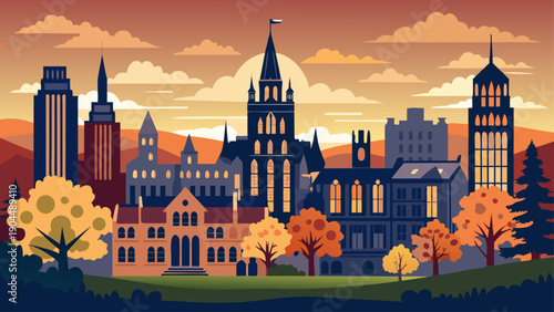 Very beautiful silhouette of Yale University buildings forming a recognizable skyline in New Haven, symbolizing academic prestige, architectural harmony, and Ivy League tradition.