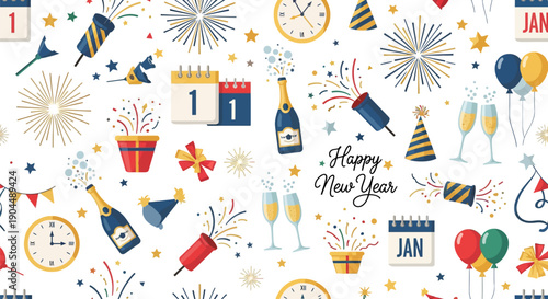 Detailed seamless pattern of New Year's Eve icons: sparkling champagne, party hats, festive confetti, fireworks bursts, countdown clocks, and January 1st calendar symbols on white.