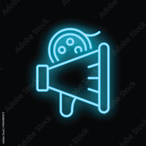 Bright blue neon icon of a megaphone announcing film industry news with a film reel