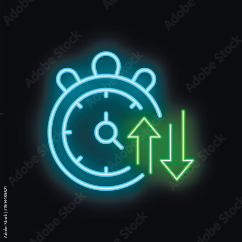 Neon clock face with glowing up and down arrows indicating the passing of time
