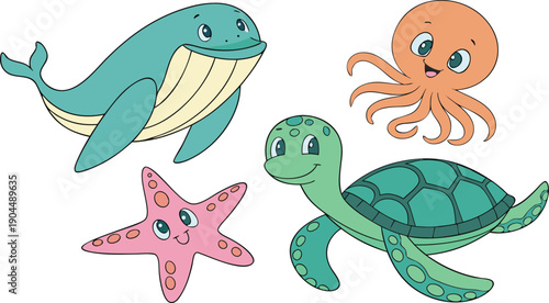Charming cartoon ocean animals including whale and turtle perfect for kids' content