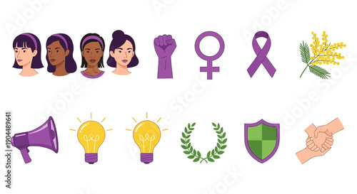 Collection of icons featuring diverse womens faces symbols and advocacy elements