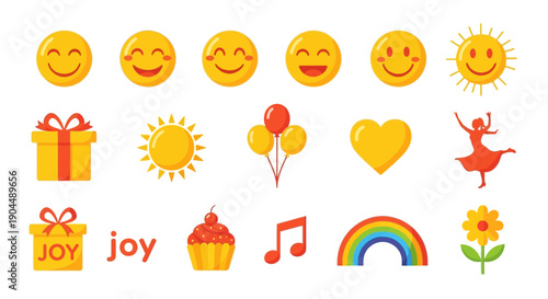 Collection of cheerful yellow and orange icons representing joy