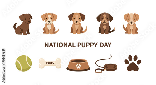Five illustrated puppies above puppy accessories and NATIONAL PUPPY DAY text