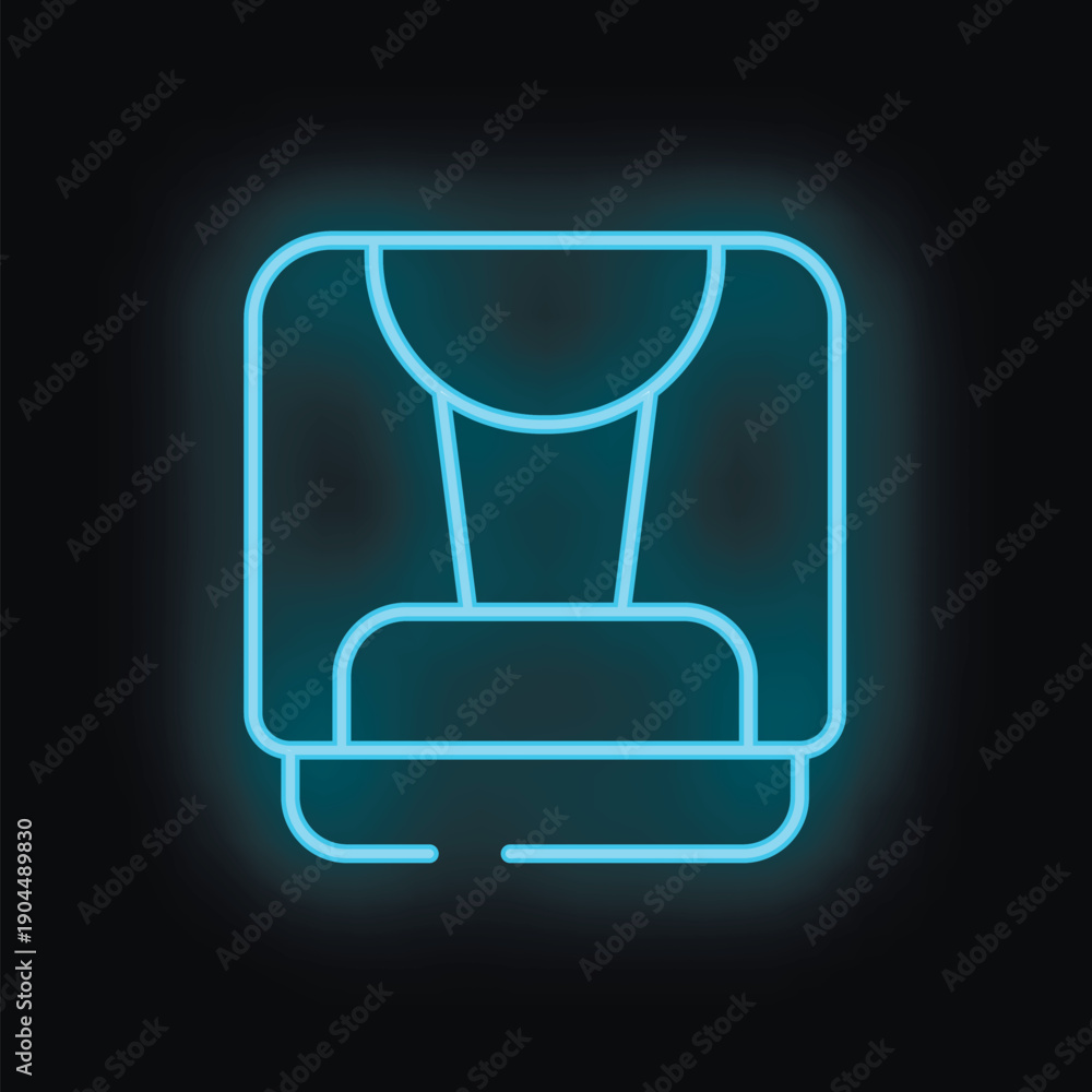Fototapeta premium Blue glowing neon icon of a child car seat, isolated vector illustration on a black background