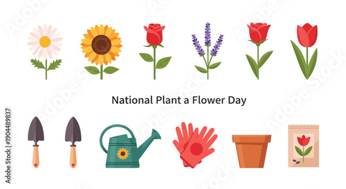 Illustration for National Plant a Flower Day featuring five flowers and five gardening tools