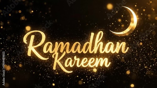 Ramadhan Kareem greeting. Golden text on black background. Crescent moon and stars. Ramadhan mubarak. Mosque celebration. Vector illustration. Islamic holiday. Gold shiny letters. Dark