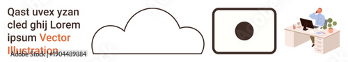 Cloud storage, shape recognition, workspaces, business environments, office ergonomics, digital tools. A cloud outline, a square with a circle and a businessman sitting at a desk. Cloud storage