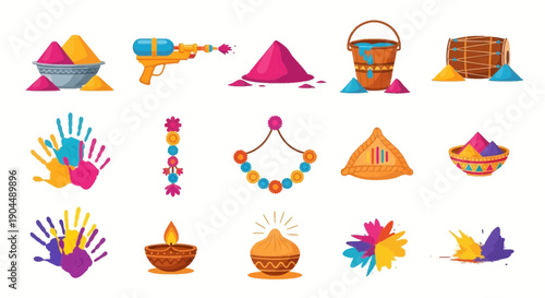 Illustrations of colorful Holi festival items including powders water gun drum and sweets