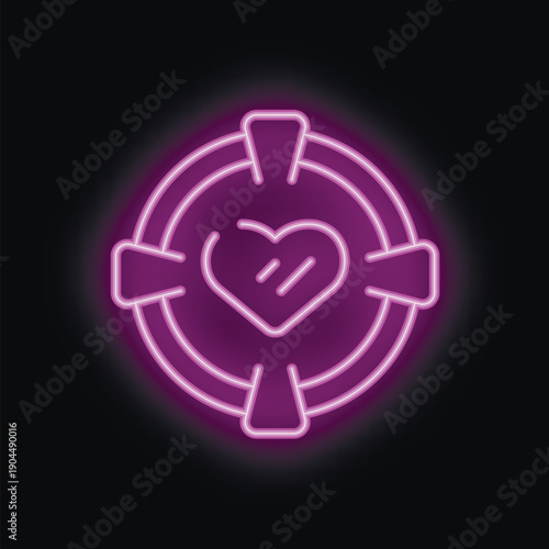 Neon sign is glowing purple and depicting a heart symbol targeted in crosshairs