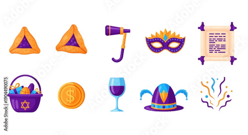 Set of ten flat design icons related to Purim holiday celebration
