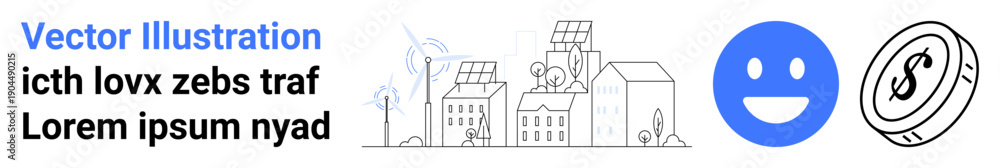 Obraz premium Renewable energy, sustainability, urban development, green cities, positive impact, economic growth. Urban cityscape with solar panels, wind turbines happy and dollar icon. Renewable energy