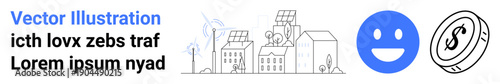 Renewable energy, sustainability, urban development, green cities, positive impact, economic growth. Urban cityscape with solar panels, wind turbines happy and dollar icon. Renewable energy