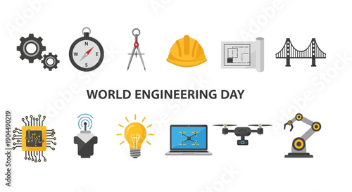 World Engineering Day graphic with icons of gears compass drawing tools hard hat blueprint bridge chip sensor lightbulb laptop drone and robot arm