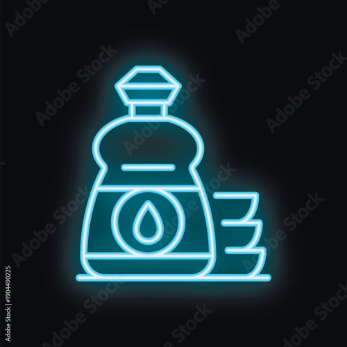 Brightly shining neon sign of dishwashing liquid and clean dishes, a vibrant and eye catching icon against a dark backdrop