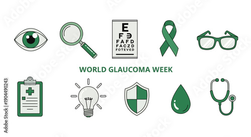 World Glaucoma Week graphic with ten greenthemed eye health and medical icons