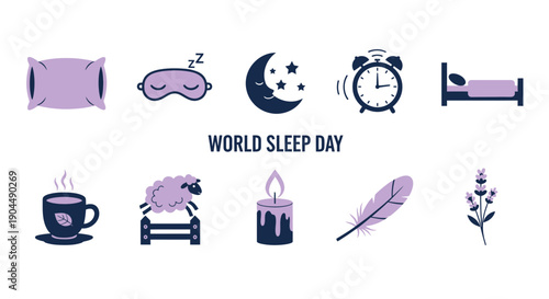 World Sleep Day graphic with sleeprelated icons pillow mask moon clock bed tea sheep candle feather lavender