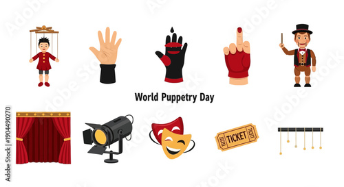 World Puppetry Day icons featuring marionette hands ventriloquist dummy stage