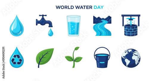 World Water Day graphic with blue water icons including drops tap glass river well leaf sprout bucket and globe