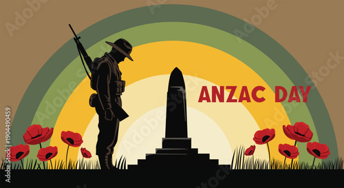 ANZAC Day Soldier Bowing Head at War Memorial with Poppies and Sunrise Illustration