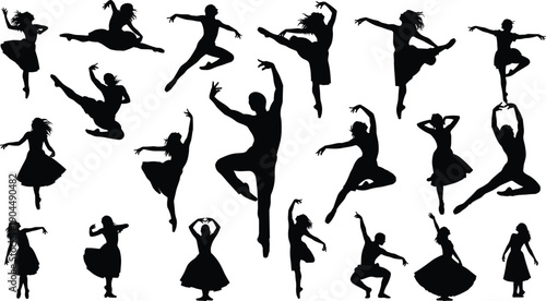 Dance silhouettes collection, ballet and modern dancers jumping poses, graceful movement, artistic performance, black vector illustration