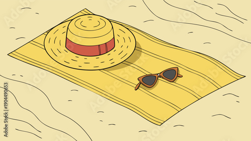 Stylish beach accessories including straw hat and sunglasses on sandy beach towel, evoking relaxation and summer vibes