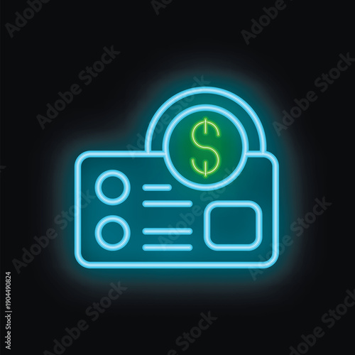 Neon sign illuminating online payment concept with dollar coin and credit card