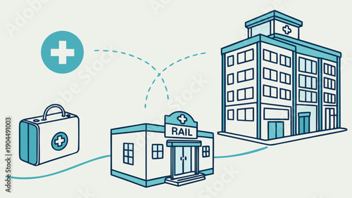 Medical Facility Icons with Ambulance, Clinic, and Hospital Buildings