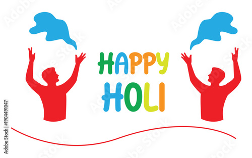 Happy Holi festival greeting with colorful silhouettes throwing powder.