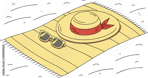 A serene beach scene with a yellow towel, straw hat, and sunglasses, evoking feelings of relaxation and vacation mode