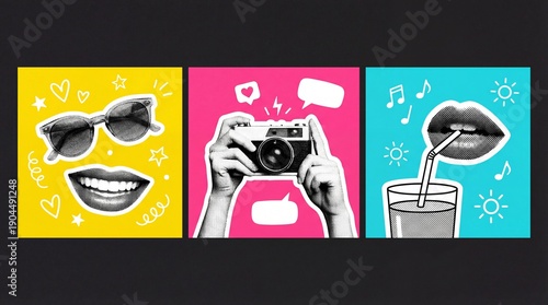 Retro pop art collage featuring sunglasses, camera, and drink with vibrant backgrounds