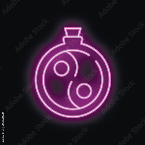Purple neon sign representing the yin yang symbol, embodying the interconnectedness of opposites and the balance of life