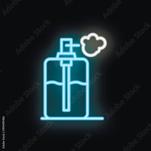 Blue and white neon icon of a perfume bottle spraying fragrance on black background