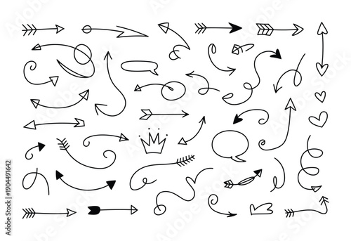 Black and white vector arrows and shapes in a variety of styles and directions displayed on a clean background.