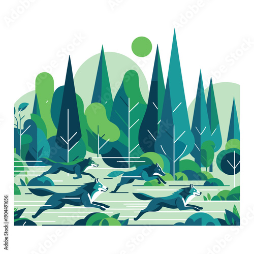 Wolf Pack Running In Forest Vector Design