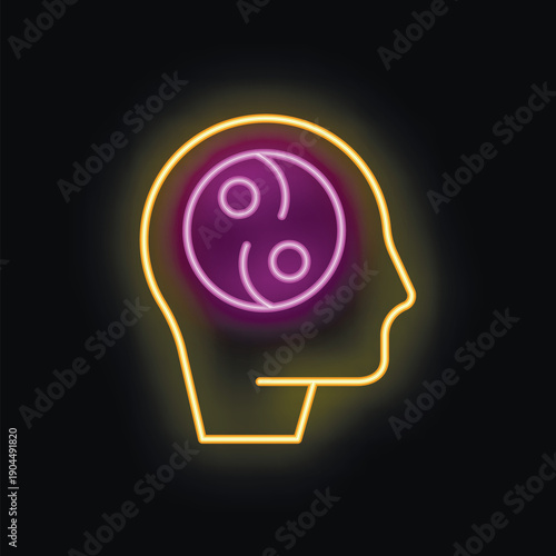 Neon sign illustrating the yin yang symbol inside a human head profile, representing the concept of balance