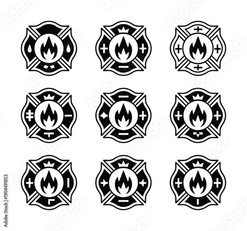 Vector illustration features nine maltese cross symbols with flames