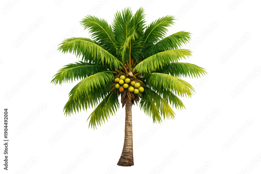 Obraz premium Coconut palm tree standing tall with ripe yellow coconuts among lush green leaves, representing summer holidays and tropical nature. Transparent background