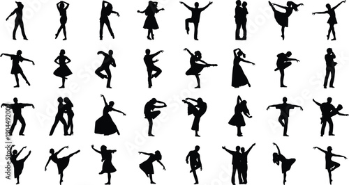 Collection of dancing people silhouettes isolated on white background ballet modern dance poses black vector illustration set artistic motion performance