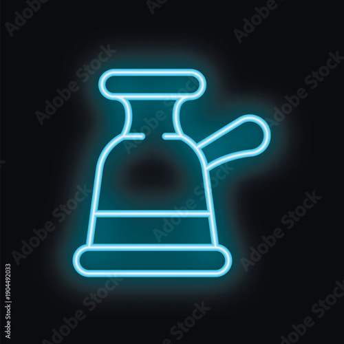 Blue neon icon of cezve, traditional turkish coffee pot, glowing on black background
