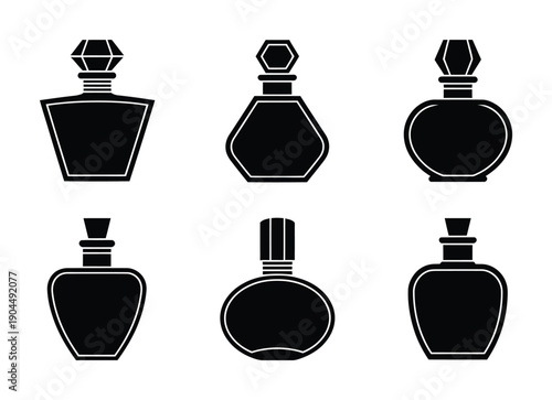 Set of six vector black perfume bottles with different shapes