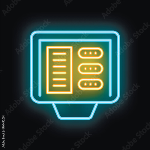 Glowing neon icon of an electrical panel, featuring wires, buttons, and indicators, isolated on a black background